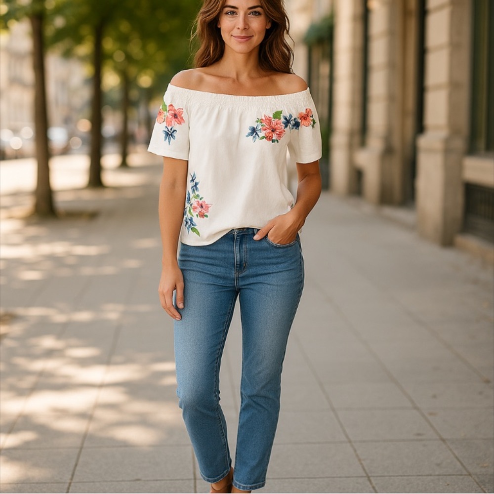 Talbots White Embroidered Smocked Off Shoulder Top ...Size MP